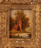 'Landschap met gebouw en vissers'. by Onduidelijk gesigneerd, Olieverf op paneel, offered Oct 2017