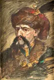 Monogram M.F., 'Portret van Perzische krijgsheer'., 1909, Gemengde techniek op papier