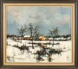 'Besneeuwd landschap met huizen'. by Onduidelijk gesigneerd, Olieverf op linnen, offered Oct 2017