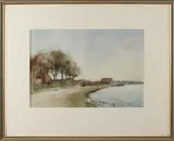 'Rivierkade met wandelaar en huizen'. by Jan Hillebrand Wijsmuller, 1855-1925, Gemengde techniek op papier, offered Oct 2017
