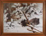 Jan Schunselaar, 'Wilde zwijnen'., Olieverf op paneel