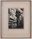 N. Bulders, 'Jongen op paal in water'., Houtsnede op papier