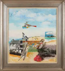 Cees de Kok, 'Surrealistisch landschap met vogels'., Olieverf op paneel