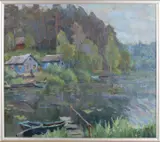 Anatoly Sokolova, 20e eeuw, 'Riviergezicht met huizen en boten'., Olieverf op linnen