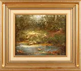 'Eendenfamilie aan waterkant'. by Hendrik Breedveld, 1918 Sliedrecht, Olieverf op paneel, offered Oct 2017
