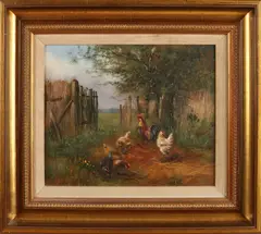 Henk Roosink, 'Kippen bij hek'., Olieverf op paneel