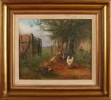 Henk Roosink, 'Kippen bij hek'., Olieverf op paneel