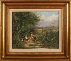 Henk Roosink, 'Eendenfamilie in bosschage'., Olieverf op paneel