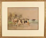 Dirk Peter van Lokhorst, 1848 -, 'Koeien bij drenkplaats'., Aquarel op papier