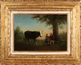 Hendrik A. Klinkhamer, 'Boer met kind en stier'., Olieverf op paneel