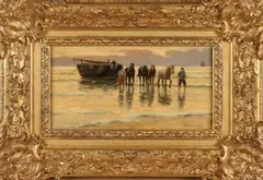 A. Karssen, 'Vissers met trekpaarden bij bomschuit'., Olieverf op paneel