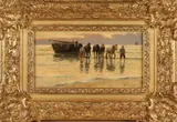 A. Karssen, 'Vissers met trekpaarden bij bomschuit'., Olieverf op paneel