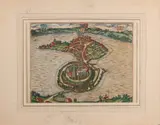 Landkaart Ratzenburgh, 16e Eeuw., Ingekleurde gravure op papier