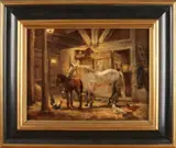 Johannes Wouterus van Trirum, 1924 -, 'Paarden en kippen in stal'., Olieverf op paneel