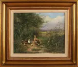 Henk Roosink, 'Eendenfamilie in bosschage'., Olieverf op paneel