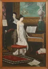 J. Jans, 'Man en vrouw bij piano'., Olieverf op linnen