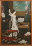 J. Jans, 'Man en vrouw bij piano'., Olieverf op linnen