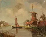 A. v.d. Berg, 'Poldergezicht met windmolen'., Olieverf op linnen