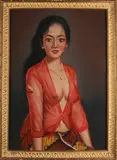 Schild dame, Indonesië., Pastel op papier