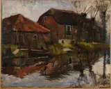 P.L. v.d. Wilt, 'Boerenhuis langs beek'., Olieverf op linnen