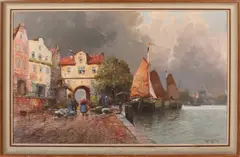 R. Wagner, Havengezicht., Olieverf op linnen