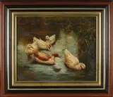 Van Looy, eenden, Van Looy omstreeks 1980, eenden in waterpartij, in de trant van Koester, olieverf op linnen 50x60cm