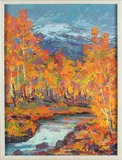 Birger Welander, herfsttooi, Welander Birger omstreeks 1980, Zweedse school, bergachtg landschap met rivier en hefsttooi, olieverf op paneel 45x60cm