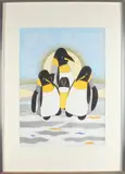 Saskia Stolk, gemengde techniek, Saskia Stolk (hengelo) 3 pinguins, gemengde techniek op papier 60x70cm