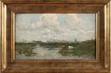 Gerard J. Bos, koeien in landschap bij water, Bos 1860-1943, poldergezicht met koeien, olieverf op paneel 35x20cm