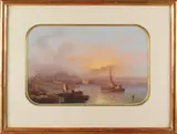 Giuseppe Delpino, vissen op meer, Guiseppe Delpino, 19e eeuw Italiaanse school, havenbaai bij avond met schepen en figuren, gouaches op papier 46x30cm
