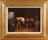 P.F. van Os, stalinterieur, P.F van Os 1808-1892, stalinterieur met paard, ezel en bok, olieverf op paneel, 21,5x26,5 Cond:G