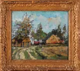 J. v. Vuuren, boerderijen in landschap, Jan van Vuuren 1871-1941 landschap met boerenschuren, olieverf op linnen 29x25cm