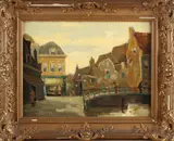 Joop Kropff, Amsterdam, Joop Kroppf 1892-1979, stadsgezicht met gracht en figuren, olieverf op linnen 30x40cm