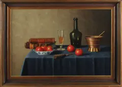 L. Schouten, stilleven met gedekte tafel, Schouten Leiden 1948, stilleven met glas, koper, boeken en tomaten, olieverf op paneel 45x65cm