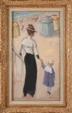 Jean Léon, dames op straat, Jean Leon, Belgische school, moeder met kind op strand, olieverf op paneel, 35x62cm