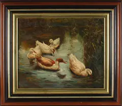 eenden by Van Looy, Van Looy omstreeks 1980, eenden in waterpartij, in de trant van Koester, olieverf op linnen 50x60cm, offered Jan 2017