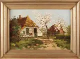 W. v.d Ven, bloesembomen, W. van de Ven 1898-1958 bloeiende fruitbomen bij boerderij, olieverf op linnen 60x40cm