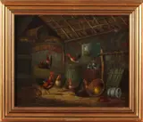 H. v. Tankeren, stalinterieur, H. van Tankeren 1900-1980 stalinterieur met gevogelte, olieverf op paneel 28x23cm