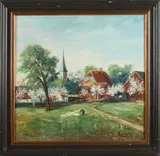 Max Stendel, vrouw met was in boomgaard, Max Stendel, Düsseldorferschule, Rheinisches Dorf, olieverf op linnen 50x50cm