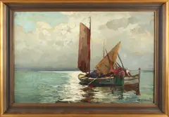 Knut Norman, Zweden, Knut Norman, Zweedse school, vissersboten op zee, olieverf op paneel, 85x60cm