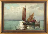 Knut Norman, Zweden, Knut Norman, Zweedse school, vissersboten op zee, olieverf op paneel, 85x60cm