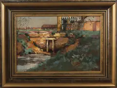 Edouard Houbolt, Loosduinen, Edouard Houbolt 1885-1954, landschap met sloot, olieverf op paneel 17x30cm