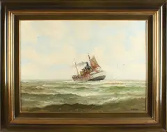F. Corsius, stoomboot, F,C.Corsius 1933, Hollandse school, stoomboot op ruwe zee, olieverf op linnen, 60x80cm