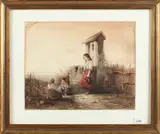 Aquarel J.G. Smits, kinderen bij waterput, J.G.Smits 1851, 1823-1910, kinderen bij waterput, aquarel op papier 22x27cm
