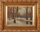 D. Rüdiger, wintergezicht, Rüdiger omstreeks 1900 Duitse school, wintergezicht met boerderij en beek, olieverf op paneel, Cond:G