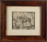 Monogram Dav, mannen met paard, Monogram D.A.V 17e/18e eeuw, figuren bij paard, sepia op papier, 18x15cm
