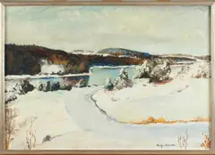 Hugo Olsson, winter, Hugo Olsson Zweedse school, winters landschap met rivier, olieverf op linnen, 65x45cm