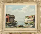 Zweden by Onduidelijk gesigneerd, Onduidelijk gesigneerd omstreeks 1950 kustplaats met aanlegstijger, olieverf op linnen 33x40cm, offered Jan 2017