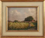 E. Haymann, Boer bij oogst, Haymann 1873-1947 München, figuren aan het werk op akker, olieverf op paneel 20x16cm