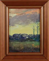 P. van den Braken, boerderijtje, Peter van den Braken 1896-1979, landschap met avondlucht, olieverf op paneel 21x15cm